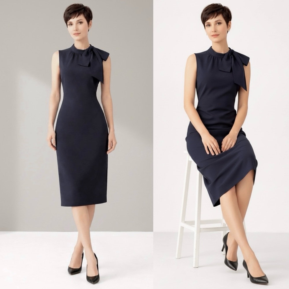 ANNE KLEIN Tie-Neck Accent Sheath Midi Dress Sleeveless Dark Navy Blue Back Zip - Picture 2 of 10